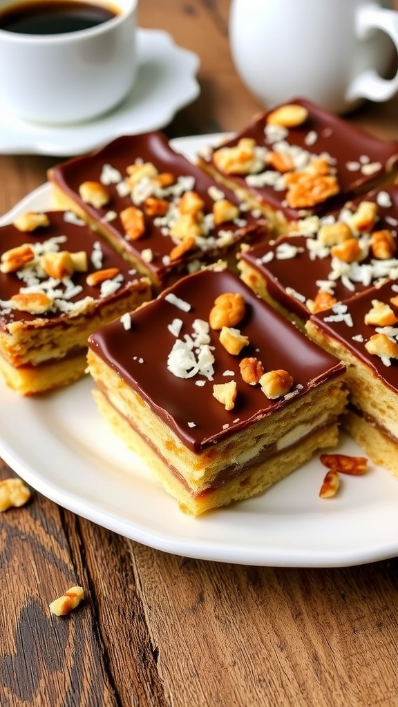 Delicious 5-layer cookie bars with layers of chocolate, coconut, and nuts, cut into squares on a rustic table.